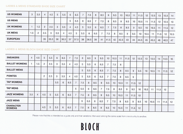 Bloch Shoe Width Chart